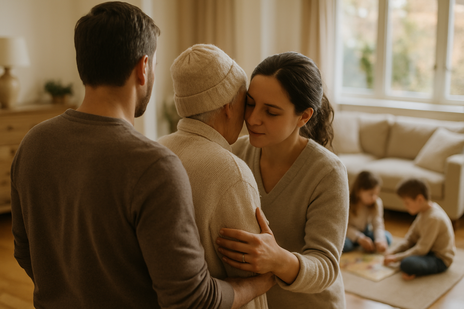 Família cuidando com carinho de pessoa idosa